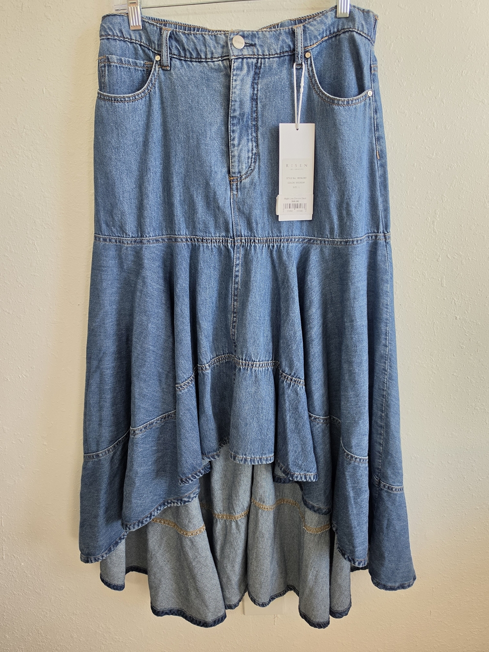 Risen NWT RDS6280 High Low Denim Maxi Skirt Size L Tiered Ruffle - Picture 2 of 7